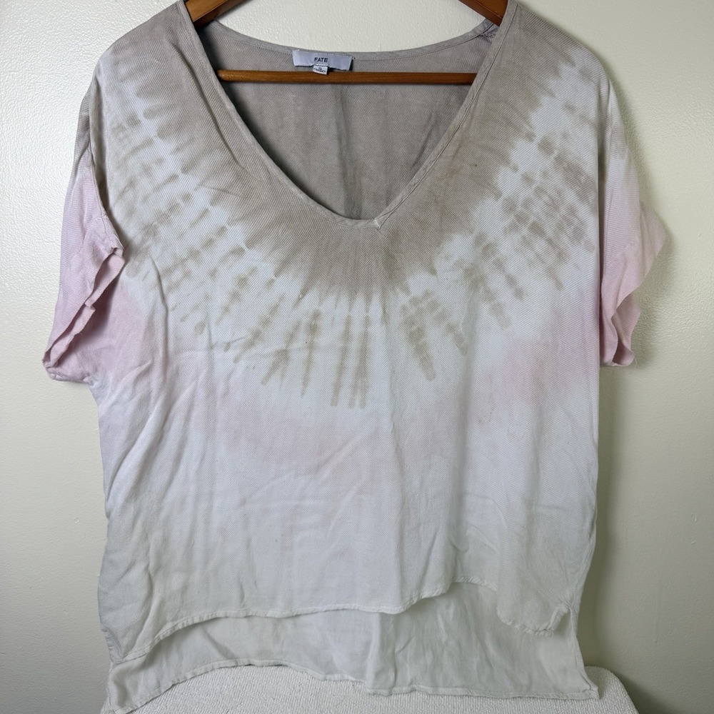Fate Women's Shirt Top Oversized V-Neck Blouse Pink Brown Cream Sz S Chiffon